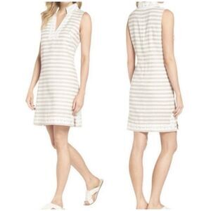 Eliza J Women's Linen Blend Beige Striped Sleeveless Knee Length Shift Dress 4